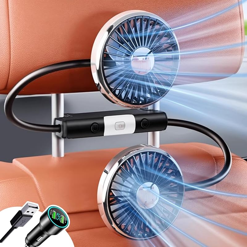 即納：SMARTABL 2025新型 車載扇風機 車載ファン シガーソケット/USB 両用 後部座席 360度回転 LEDライド付き 3段階風量長配線 扇風機 車 ヘッドレストファン 双頭タイプ 静音
