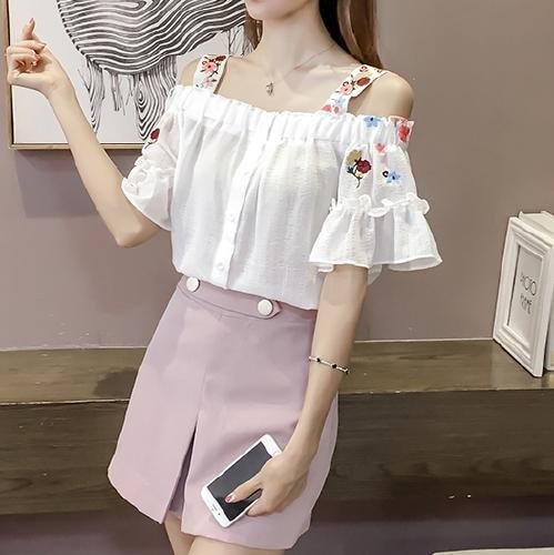 2150.フラワー シフォン オフショルダー トップス(ホワイト)