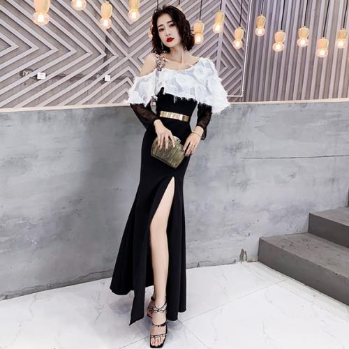 【急速出荷 2025年新作】イブニングドレス パーティードレス ロングドレス スリット 韓国 無地 ワンショルダー 春 夏 秋 冬 ロング丈 おしゃれ 可愛い マーメイド 長袖 袖付き 個性的 羽 タ