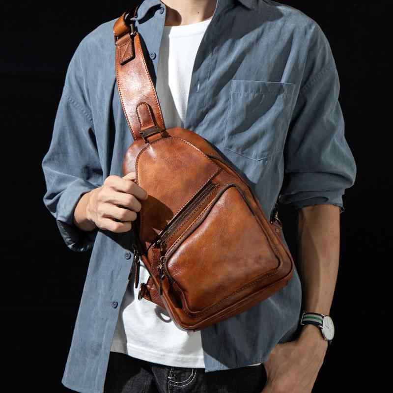チェスト バッグ バイク アウトドア レトロ 手揉み 植物 タンニン なめし 牛革 メンズ クロス ボディバッグ カジュアル ショルダー ソフト レザー通勤 通学 ブラック ブラウン
