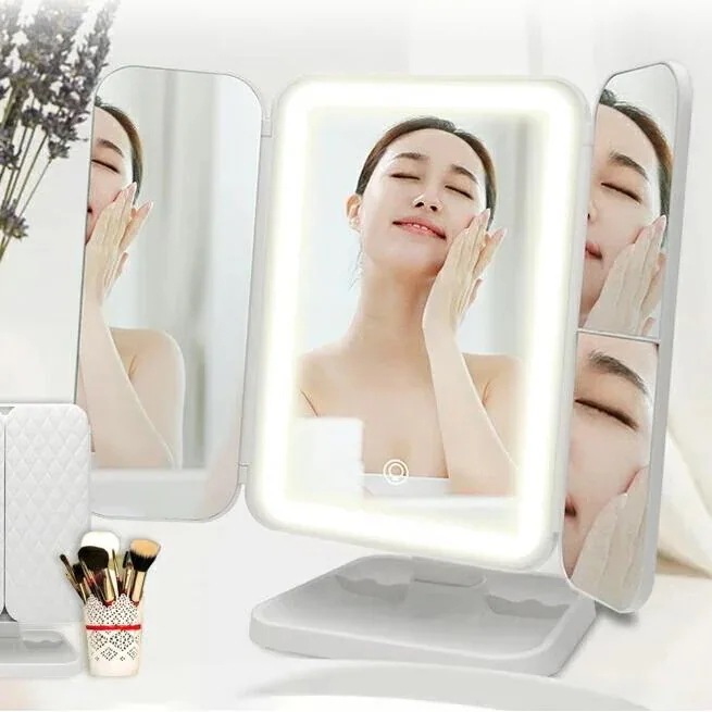 2025新品1つ買うと10個無料女優ミラー 卓上ミラー 三面鏡 52LEDライト付き ミラー 卓上鏡 化粧鏡 三色調光 LEDミラー 2倍3倍10倍拡大 レッサー 270度角度調整 母の日 プレゼント