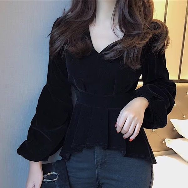 大きいサイズ/ゴールドベルベットの黒いトップス レディース トップス シャツ ブラウス プルオーバー チュニック フレア 丈長 長袖 パフスリーブ Vネック 襟なし タイト スリム 細身 フェミニン