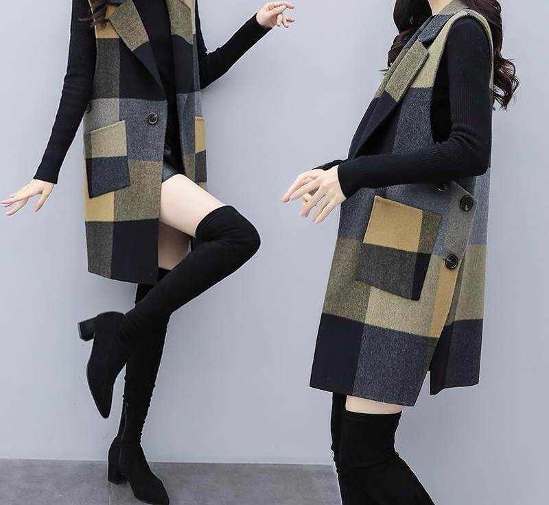 アウター ベスト レディース ミドル丈 チェック柄 ブロックチェック ブラック グレー イエロー 襟付き 袖なし 可愛い 大人可愛い かっこいい レトロ おしゃれ きれいめ カジュアル こなれ感 イン