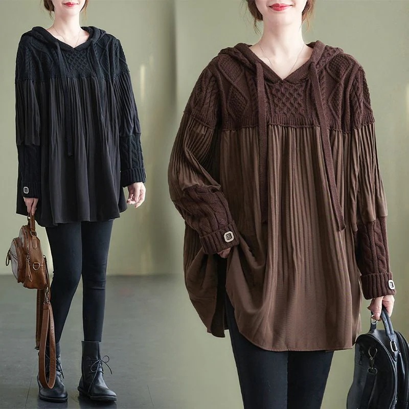 「ファットガール」 春秋 大きいサイズニット フード付き レディースニット パーカー ドッキング セーター レディースセーター ブラウス メガ割30%までに制限