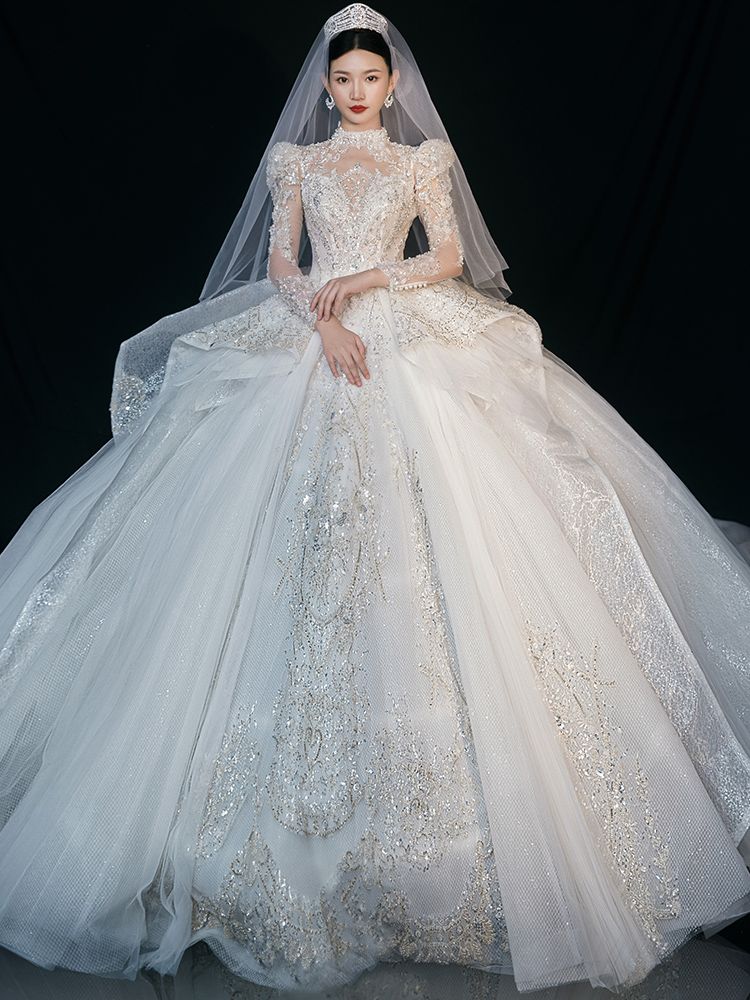 長袖メインウェディングドレス2025花嫁大テールハイエンド重工業小星空宮殿風冬