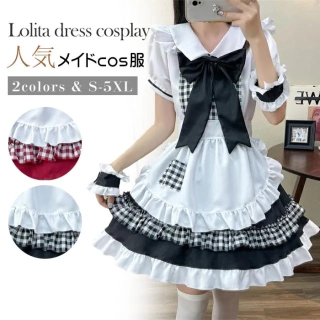 メイド服 ロリータ ワンピース コスチューム 飾り付き エプロン 髪飾り 腕飾り リボン チェック 文化祭 学園祭 メイドカフェ Lolita 長袖 コスプレ衣装 アニメ 可愛い ブラック レッド オ