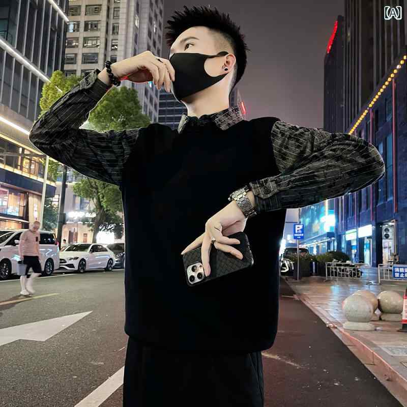 メンズ トップス カジュアル ファッション おしゃれ フェイク セットアップ 重ね着風 セーター トレンディ シャツ 襟 セーター 秋冬 セーター 6,423円