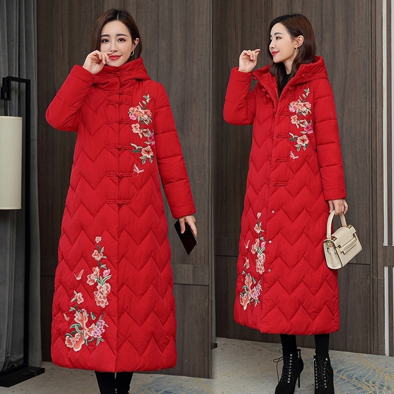 チャイナ風ダウンコート 刺繍入りアウター ロングダウンコート 個性的アウター トップス アウター ジャケット シャンパー 上着 ダウンジャケット ロングコート ダウンコート ロング ロング丈 袖あり