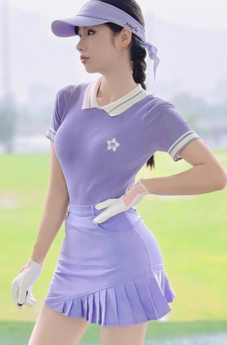 ゴルフウェア 春夏 レディース スポーツウェア トップス ニット半袖 冷感 Tシャツ スカート ミニスカート 上下セット パープル 女性 テニスウェア 通気性 速乾 韓国風 おしゃれ