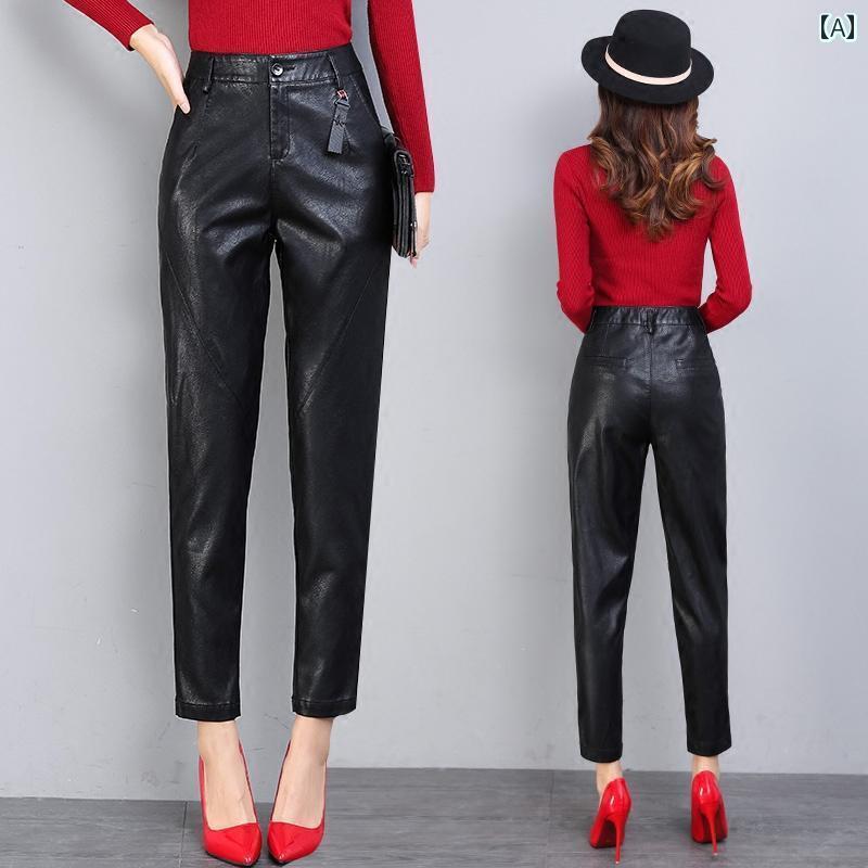 レディース パンツ ストレート 秋冬 韓国 クロップド丈 フェイクレザー スリム 大きめサイズ 防水 シンプル きれいめ スタイリッシュ エレガント 黒 茶