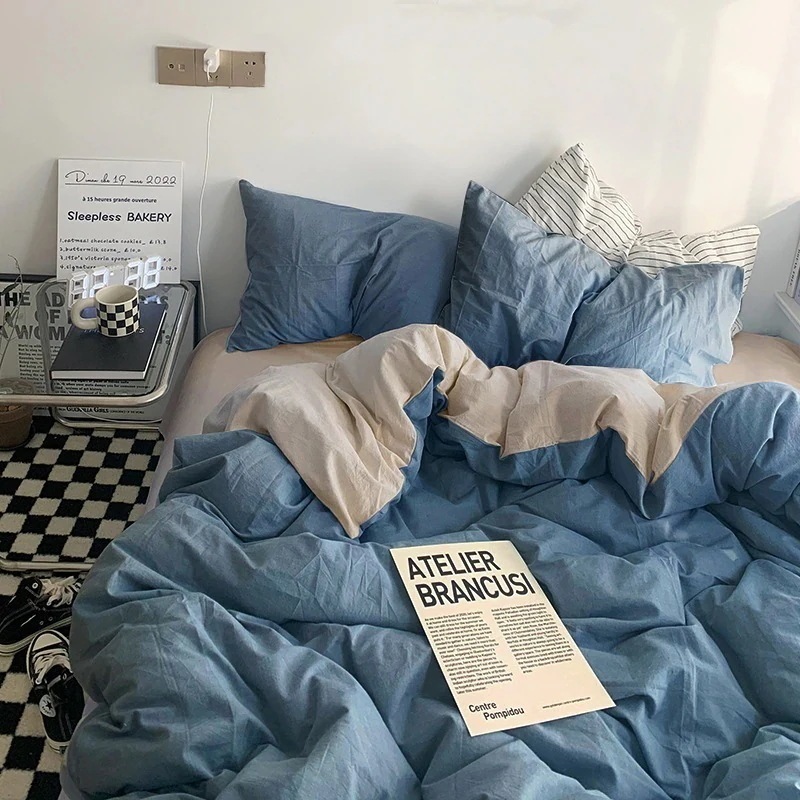 【急速出荷!】今の流行無地の和式洗い綿ドミトリーシーツと掛け布団カバーの4点セット小さなフレッシュ寝具シンプル