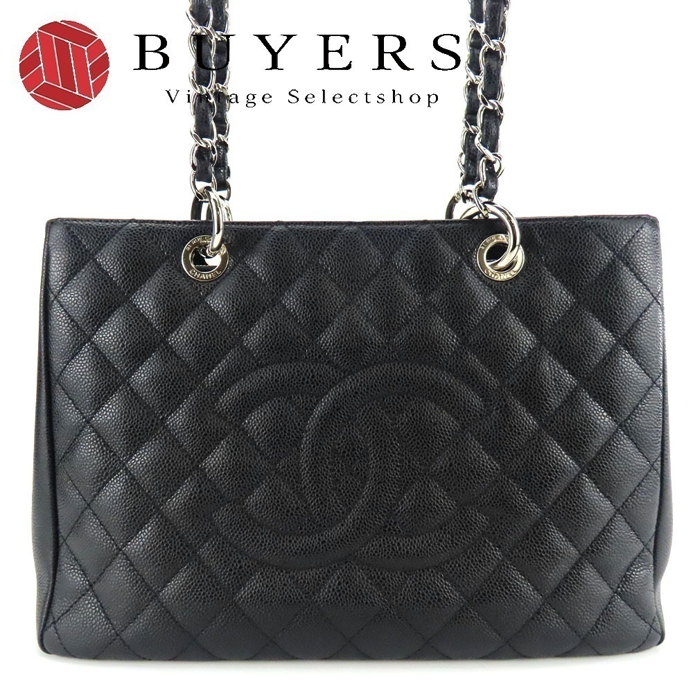 中古 トートバッグ GST マトラッセ キャビアスキン ブラック シルバー金具 チェーン 14番台 ココマーク レディース 女性