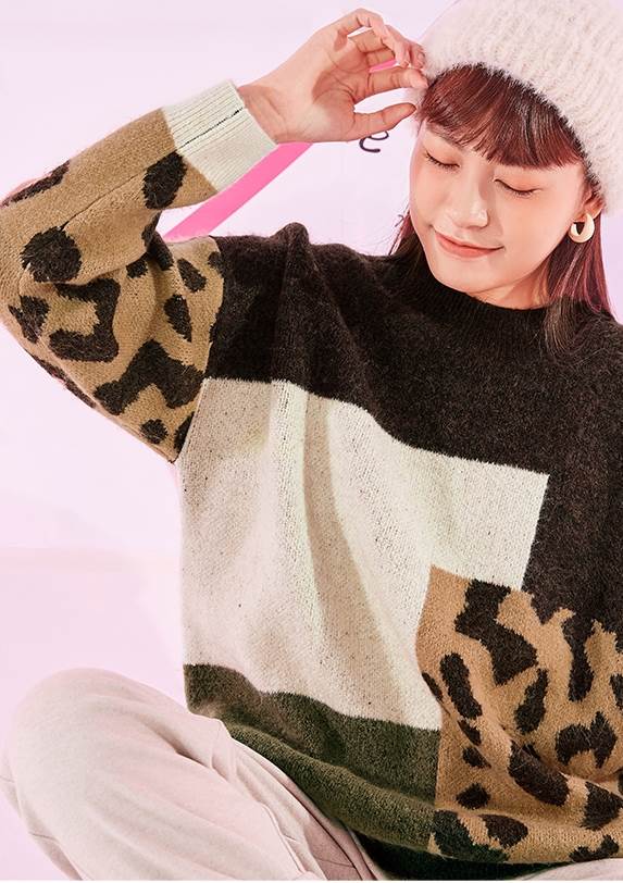 セーター レディース パッチワーク レオパード柄 トップス ニット 長袖 ラウンドネック 切り替え バイカラー かわいい 大人 カジュアル レトロ こなれ感 ラフ ヒョウ柄 秋 冬 お出かけ デ 大人