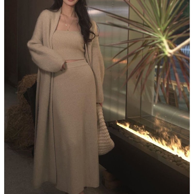 高級感漂う女性のための上質スーツルーズスタイルレイジースタイルニットサスペンダーカーディガンロングスカート0220