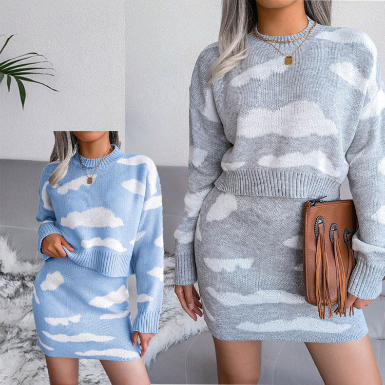 【新作】レディース セットアップ　冬　ミニ　ツーピース　ニット 雲　長袖　セーター ミニスカート スカート 　ルームウエア　部屋着　デート　大人かわいい　双子コーデ