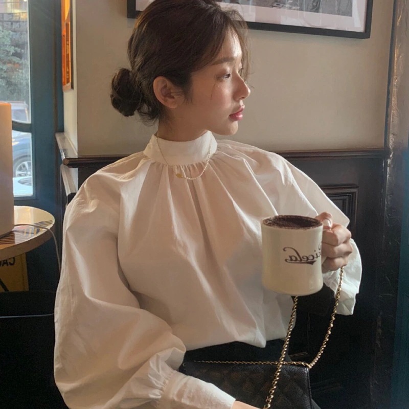 ブラウス シャツ レディース パフスリーブ スタンドカラー プルオーバー 長袖 ボリューム袖 大人可愛い ゆったり おしゃれ シンプル レトロ 上品 お出かけ デート OL 白 無地 S M L XL