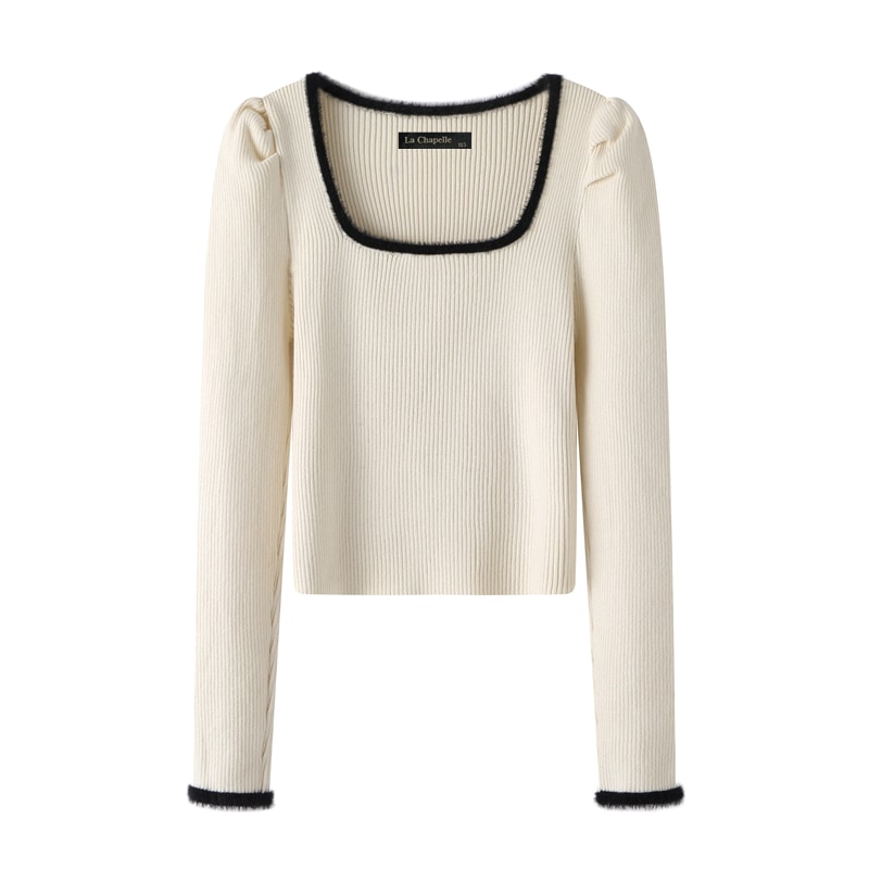 トップス ニットソー プルオーバー ショート丈 長袖 スクエアネック ニット タイト バイカラー かわいい 大人可愛い きれいめ シンプル 上品 おしゃれ かっこいい レトロ こなれ感 個性的