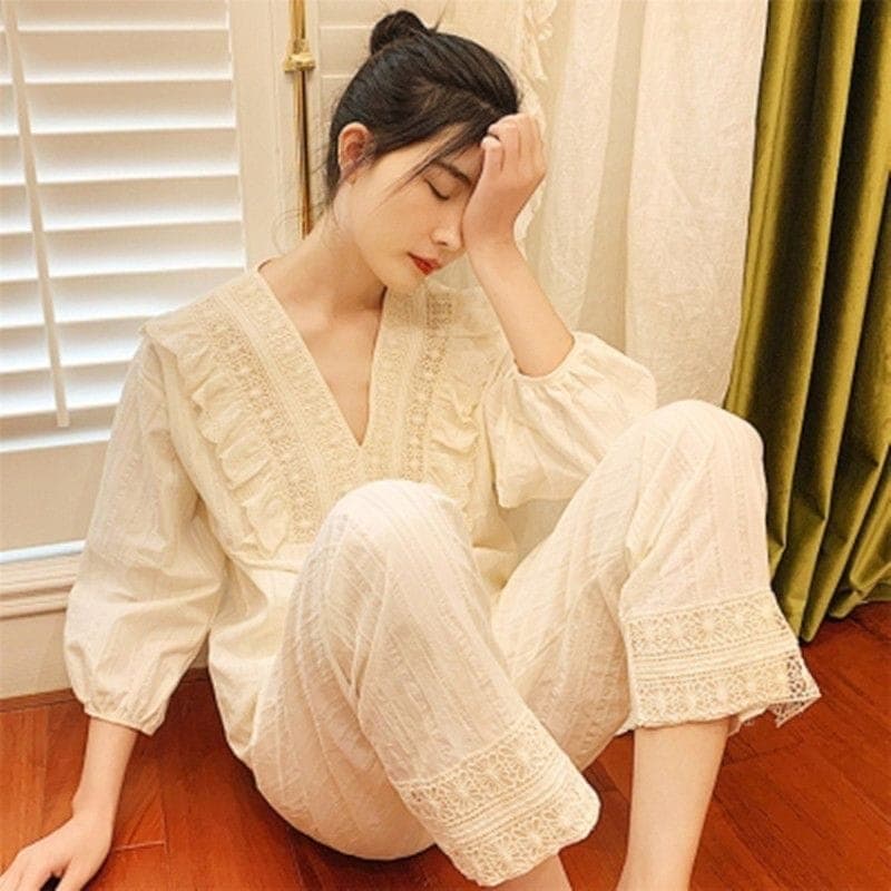 【即納】店舗お勧め!ルームウェア 楽ちんルームウェア パジャマ あったかルームウェア 宮殿 女性 韓国風バージョン 純粋な綿 甘い上着 秋と冬 スタイル 綿 エッジ 家 服 2点セット