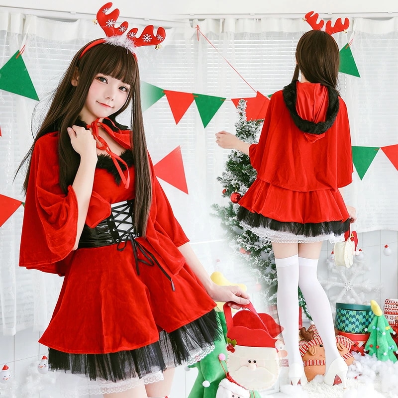 クリスマス サンタコス サンタクロース コスチューム 赤ずきん ケープ コルセットベルト サンタ衣装 サンタ服 コスプレ 赤 レッド 女性 大人 可愛い クリスマス衣装 仮装 サンタガール イベント