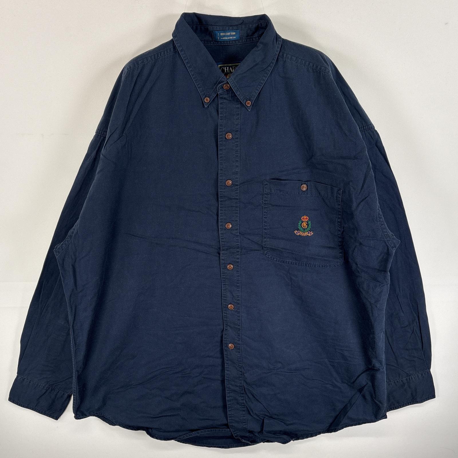 古着 80s/80年代 ヴィンテージ チャップスラルフローレン CHAPS RALPHLAUREN 長袖シャツ ワンポイント ロゴ 刺繍 大きいサイズ ボタンダウンシャツ XL ネイビー 無地 メンズ