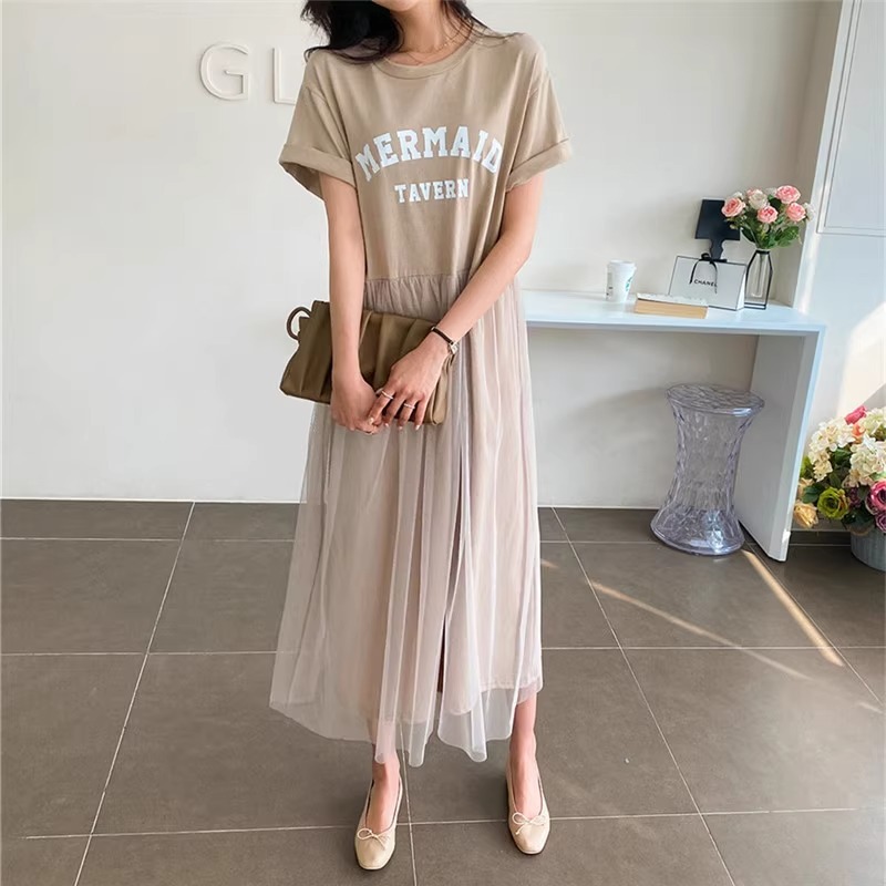 レディース ワンピース 膝下 ミモレ ロング 半袖 ドロップショルダー ラウンドネック 襟なし Iライン フェミニン レース 透け感 切り替えデザイン かわいい 大人可愛い シンプル 上品 おしゃれ