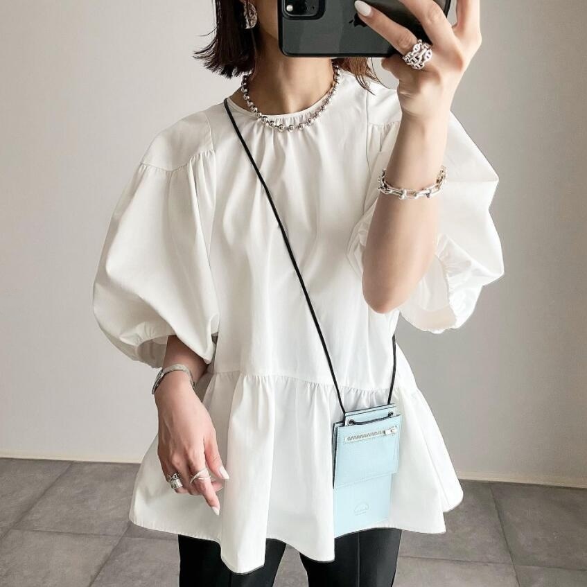 【 今季大注目のアップ】 後ろリボンランタンスリーブシャツ