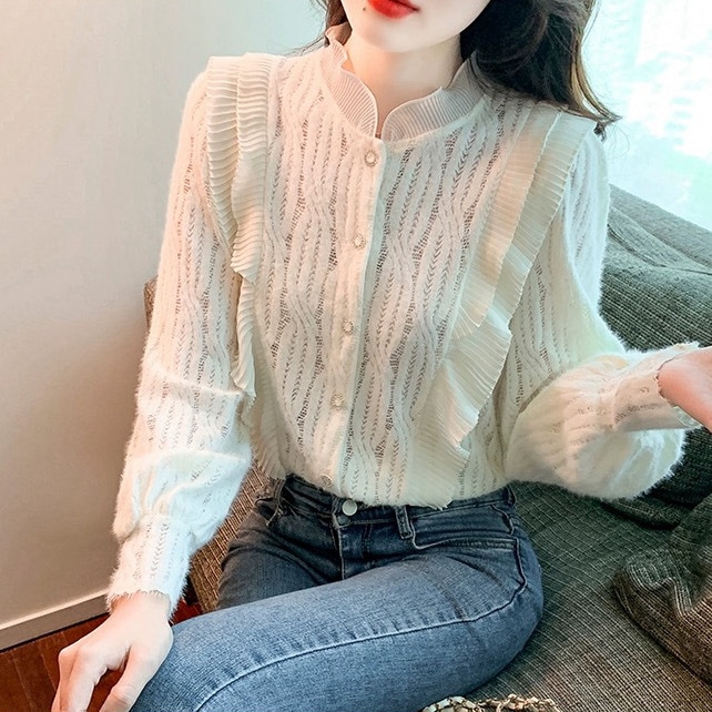 レディース トップス ブラウス ニット セーター カーディガン 長袖 ラウンドネック スタンドカラー フレア ドッキング フェミニン プリーツデザイン フリル ケーブルニット ボタン かわいい 甘め