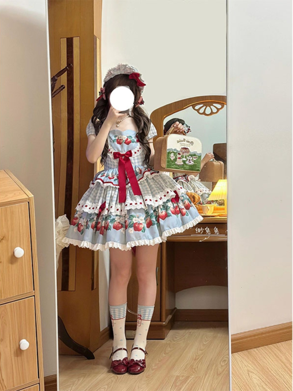 キャミソールワンピース甘くて可愛い女の子ロリータ齢軽減リボンレーススプライシングプリントウエストラインふくらみプリンセスドレス