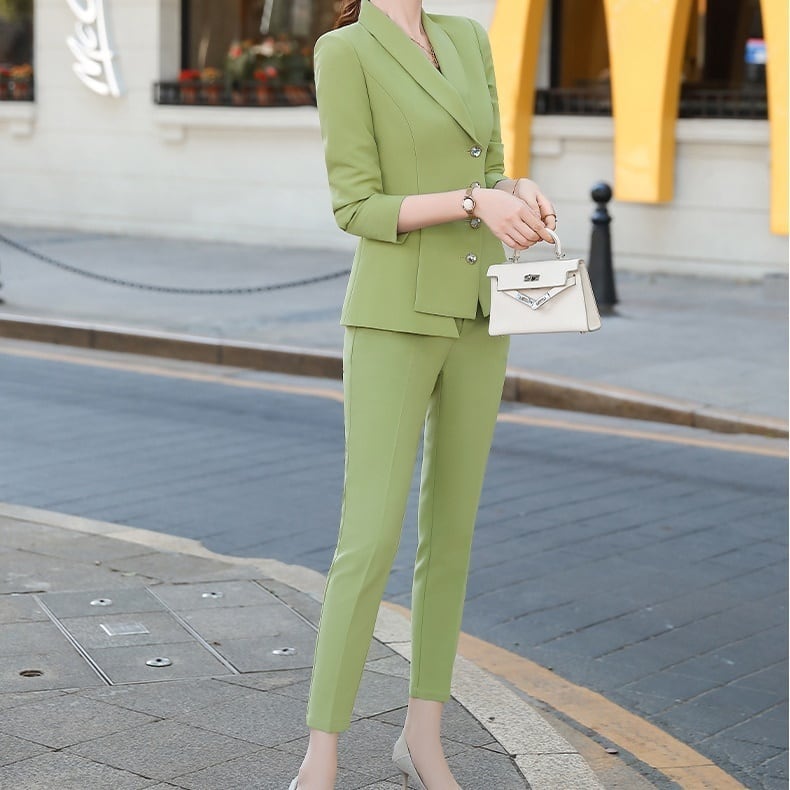 セットアップ スーツ パンツ ボトムス ジャケット アシンメトリー カットアウト ハイウエスト ビジューボタン 長袖 ロング スキニー アンクルパンツ ストレート 襟付き Vネック レトロ lsu00