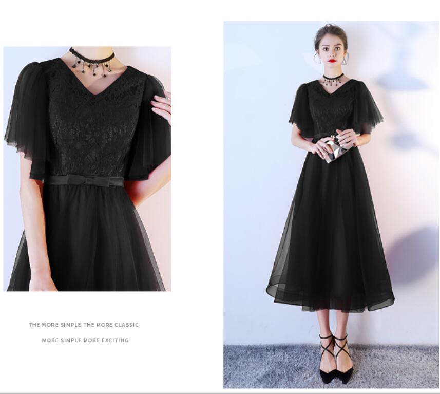 ブラック ミディアムワンピース パーティードレス 結婚式ドレス ミモレ丈ドレス ロングドレス 演奏会