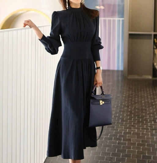 ドレス ワンピース レディース パーティー ロング 長袖 ハイネック スレンダー スリム 細身 Aライン 切り替えデザイン きれいめ シンプル カジュアル 大人可愛い 上品 おしゃれ キュート クール