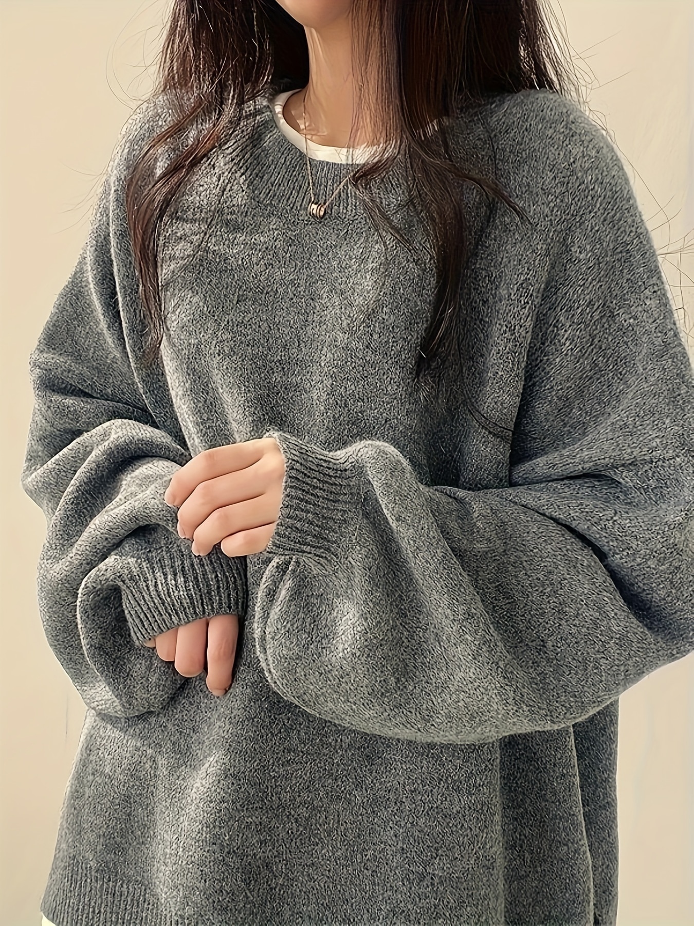 ソリッドクルーネックプルオーバーセーターカジュアル長袖ドロップショルダースプリットセーター婦人服