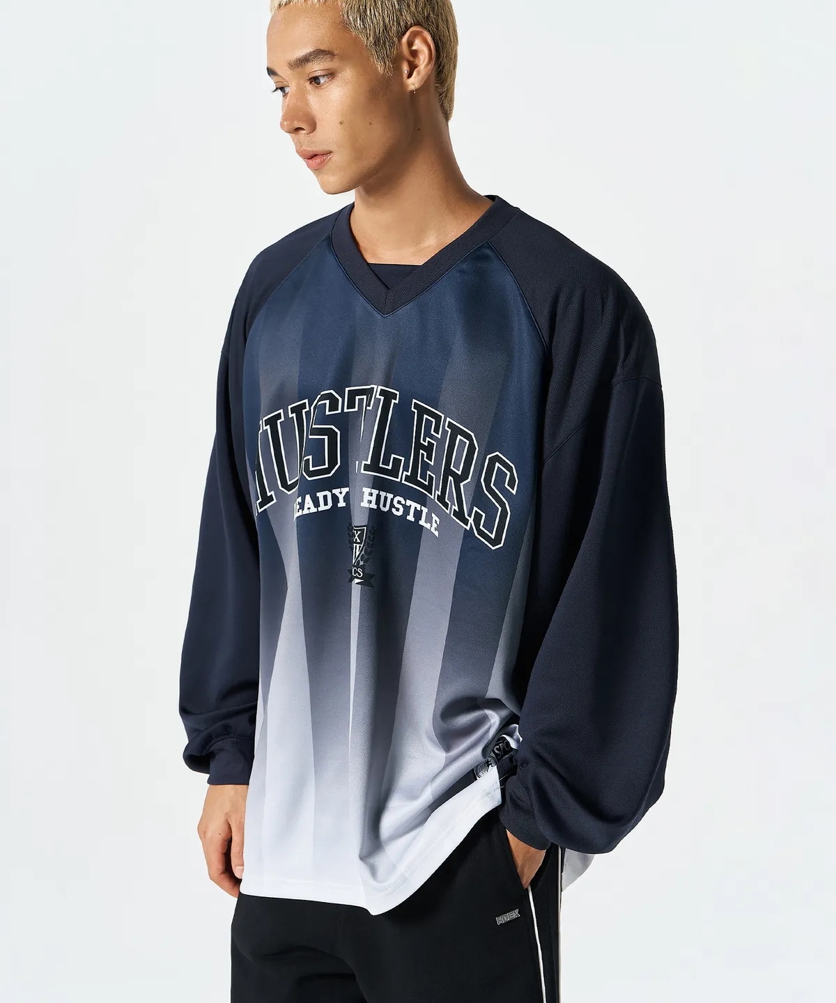 ストライプ ジャージ ロング スリーブ (Navy)