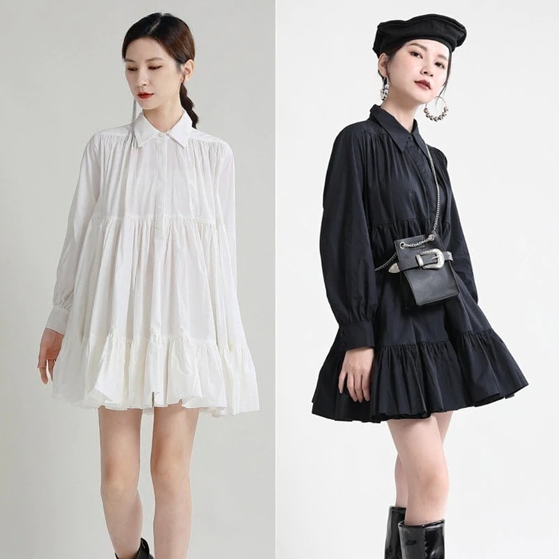 【J.Fashion】 秋秋 Aライン シャツ風 ショートワンピ ハイウエスト 大きい裾 体型カバー チュニック レディース ワンピース日焼け止め 体型カバー メガ割