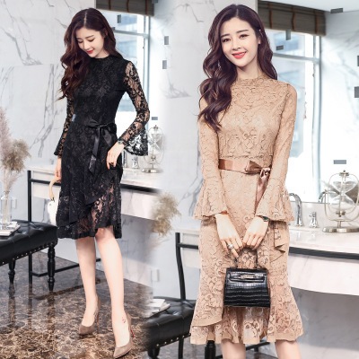 パーティードレス 韓国 ドレス 個性的 ワンピース プチプラ 結婚式 膝丈 長袖 総レース シースルー リボン 大人 ベルスリーブ 二次会 20代 30代 40代 黒 ブラック ベージュ