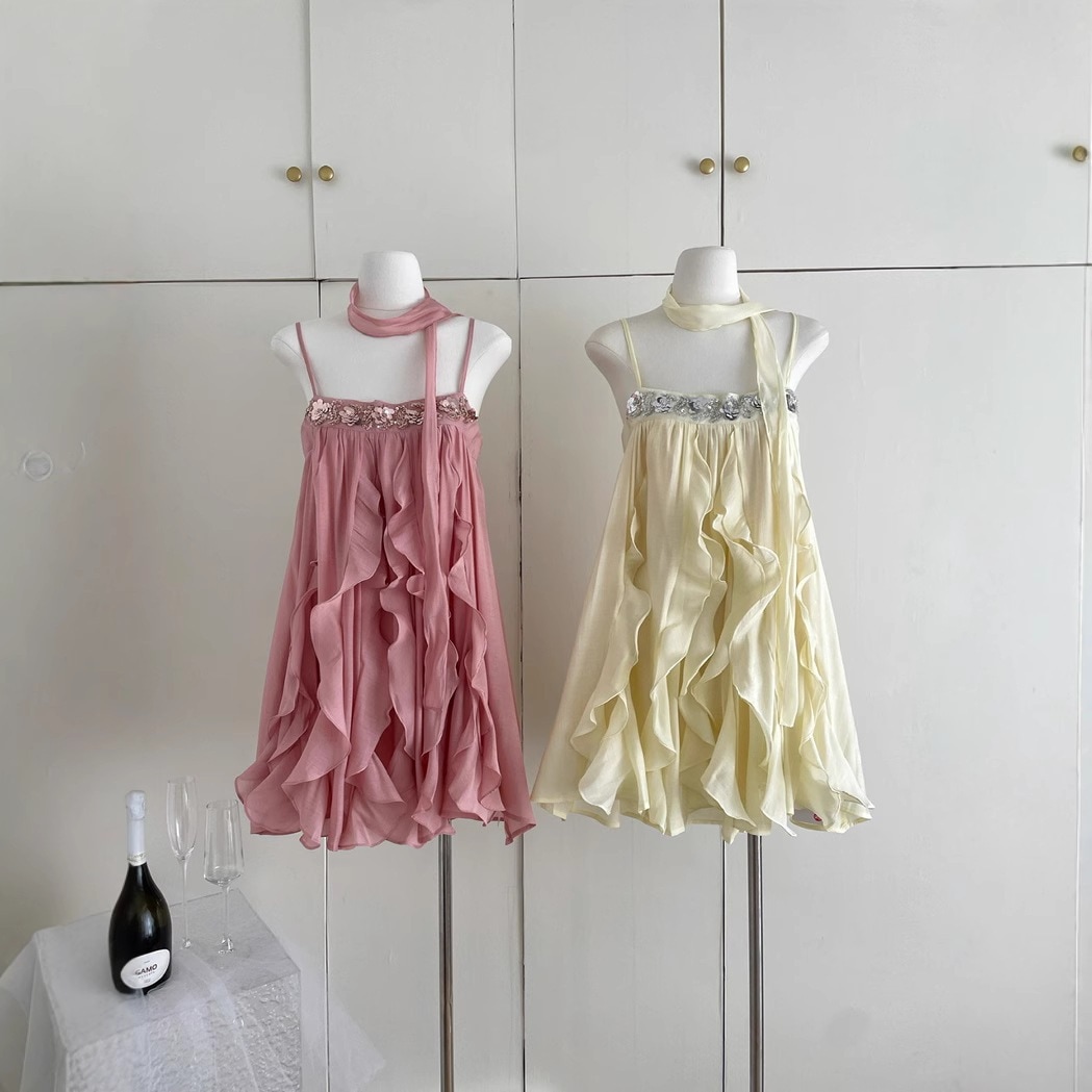2025春夏新作フレンチ感フリルキャミソールワンピースリゾートスカートスカートスカート