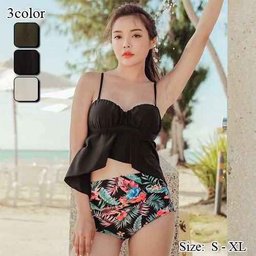 【グラシア】 水着 ハイウエスト レディース ビーチウェア スイムウェア 流行 海 プール ビキニ キャミ トロピカル しっかり カーキ ブラック ホワイト S M L ビキニ
