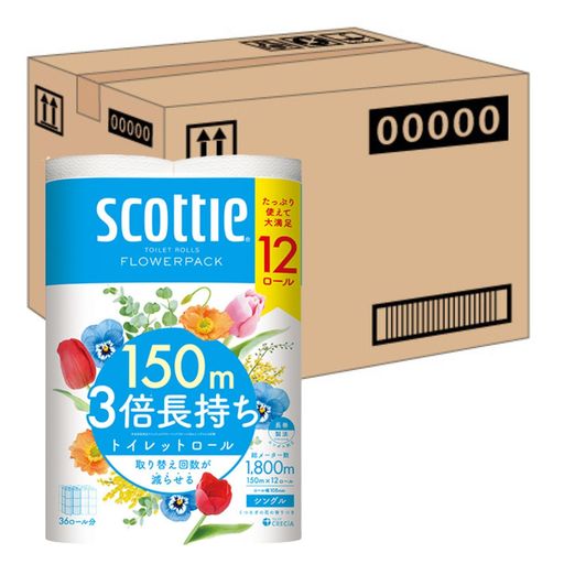 【ケース販売】スコッティフラワーパック3倍長持ち12ロールシングル×4入り