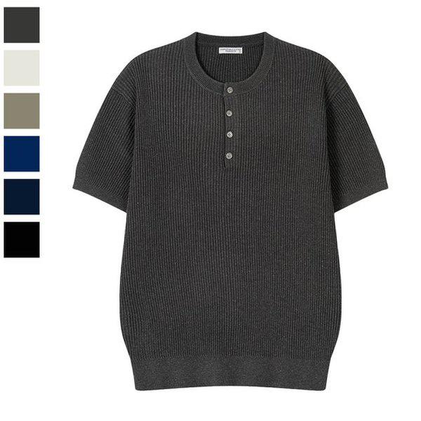 メンズ ベントン リブ リネン ヘンリーネック 半袖 ニット Tシャツ AS-KNH-Q030-チャコール