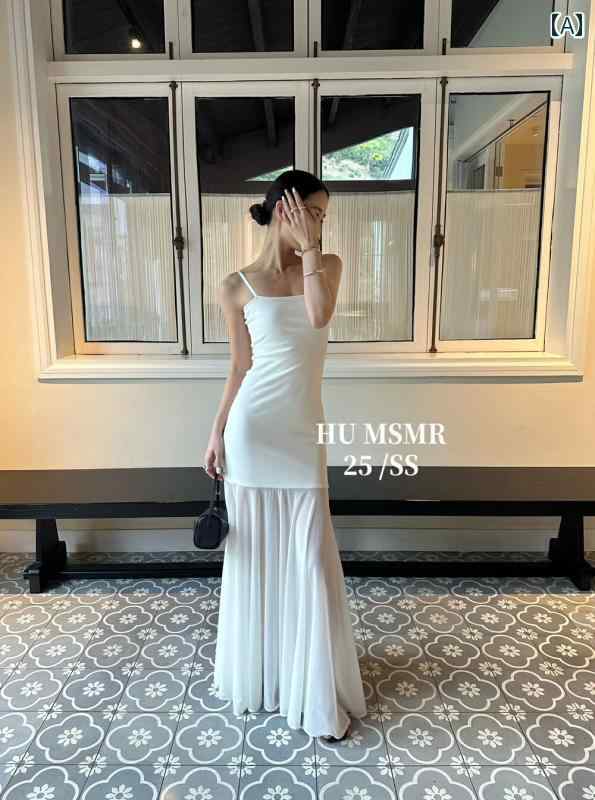 レディース　ドレス　ワンピース HU MSMR 2025 春夏 韓国 スリムフィット スプライシング メッシュ aライン バックレス サスペンダー ドレス レディース ロング スカート