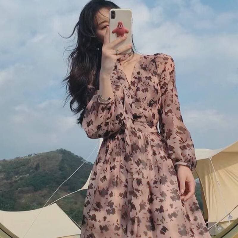 ワンピース レディース レース シフォン 花柄 ロング丈 フレア Vネック きれいめ 上品 おしゃれ 大人 こなれ感 楽ちん ゆったり 抜け感 体型 カバー ウエストマーク お出かけ 女子会