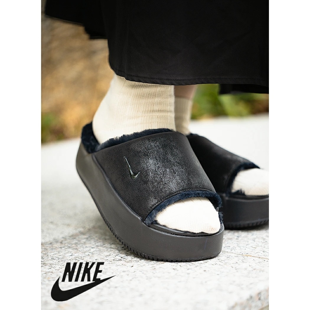 NIKE ナイキ カーム エレベーション ファー サンダル 冬 暖かい 厚底 ボア かわいい おしゃれ トレンド 韓国 人気 W CALM ELEVATION FUR BLACK ( ブラック 黒 レ