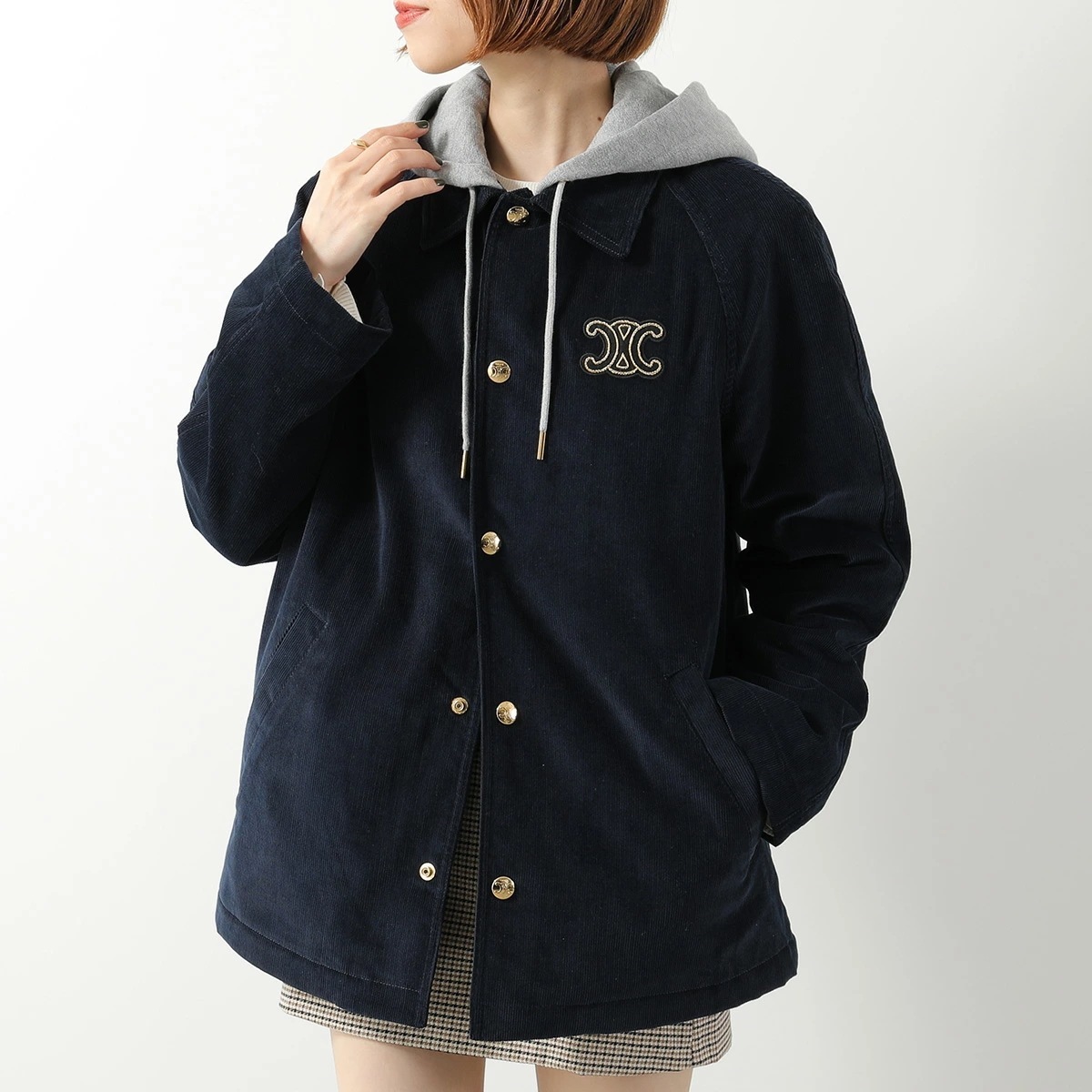 CELINE セリーヌ カーコートジャケット TRIOMPHE トリオンフ RV0O6694V.GAM3 レディース コーデュロイ ジャージーフード付き ネイビー