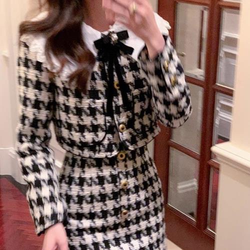 【急速出荷 2025年新作】セットアップ 2点セット ツーピース ツイード 千鳥格子 秋 冬 春 長袖 ミモレ丈 おしゃれ 可愛い ノーカラージャケット ショートジャケット タイト 清楚 フェミニン