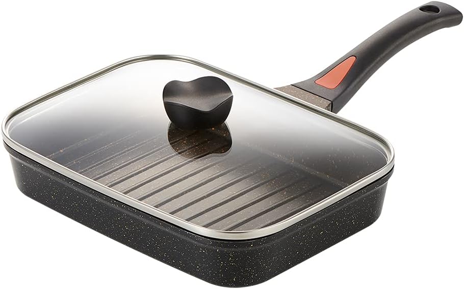 アイメディア Aimedia 魚焼きパン グリルパン 魚焼きグリル マーブルコート IH対応 直火対応 ガラス蓋付 焼き魚フライパン 焦げつきにくい ゴールドマーブル