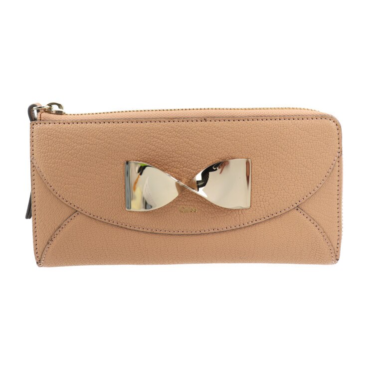 超美品 Chloe クロエ ツイステッドボウ 長財布 3P0762 レザー ベージュ系 L字ファスナ