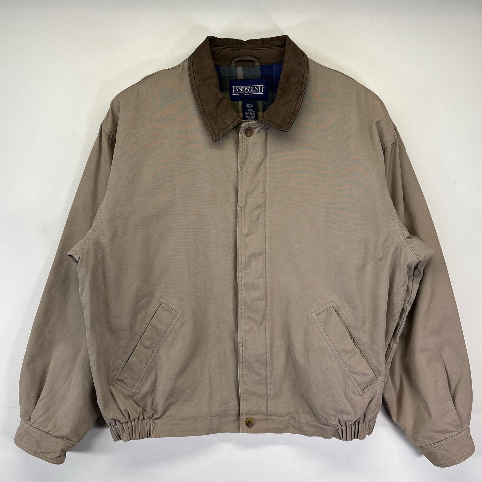 古着 90s/90年代 ランズエンド Lands End ジャケット フルジップ 無地 襟レザー 裏地チェック柄 中綿 L ベージュ メンズ