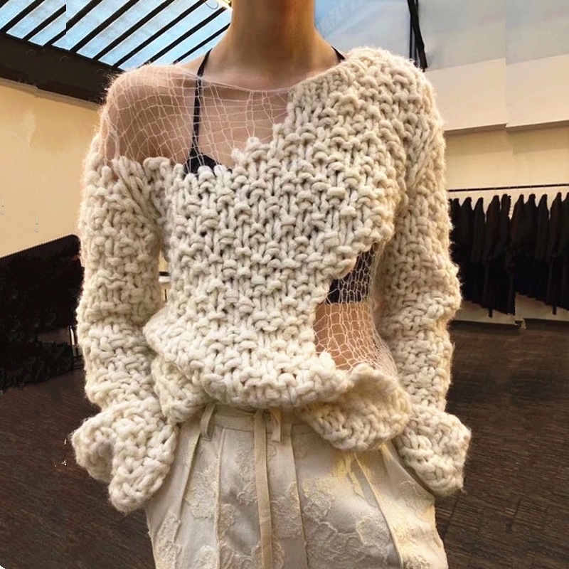 【日本未発売】メッシュステッチセーター かぎ編み セーター ニット 長袖 レディース トップス 秋冬 ２カラー a3782