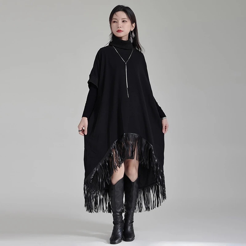 【J.Fashion】 前短後長 ロングワンピース フリンジ タートルネック 秋冬 マント風 レディース おしゃれ ワンピース 関連商品は店で購入可能 メガ割