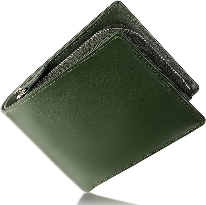 財布 本革 植物タンニンなめし革 札入れ部の内側も牛本革 二つ折り 2つ折り メンズ レディース カード10枚収納 ギフト プレゼント スキミング防止( モスグリーン)